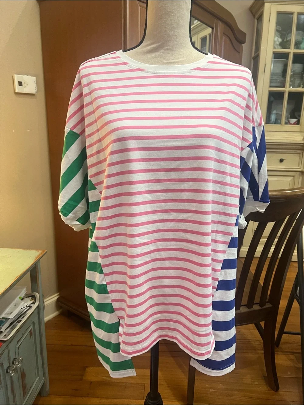 Women's Oversized Striped Tunic - Pink, Green & Blue - Picture 2 of 5